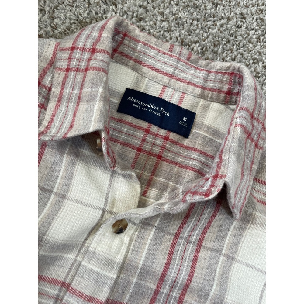 Abercrombie & Fitch Flannel Shirt Mens Medium Cream Grey Red EUC Plaid Button Up